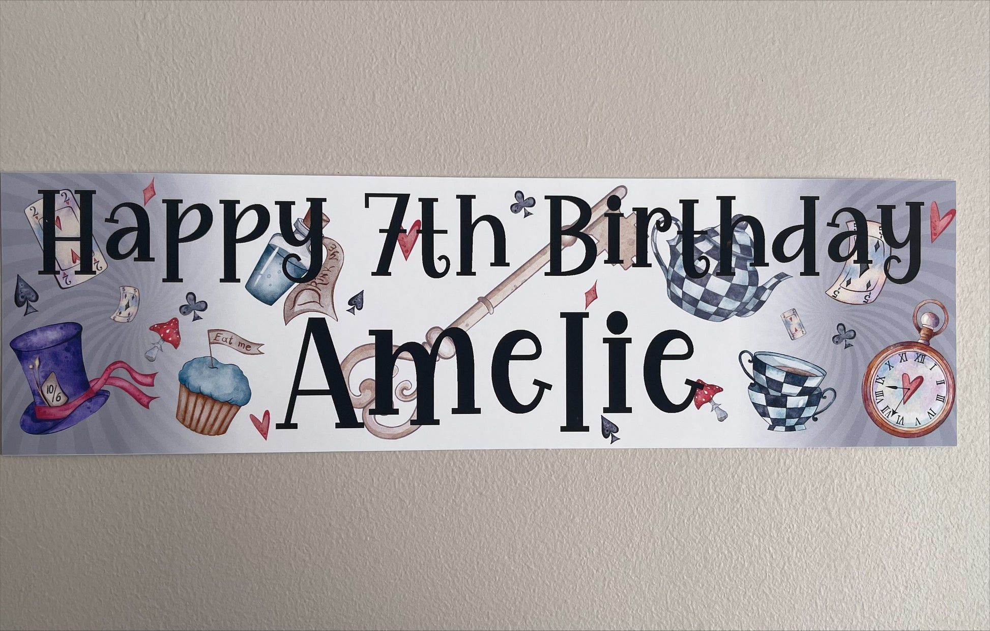 Alice in wonderland birthday banner personalised with name and age
