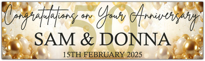 Anniversary Banner with Gold and White Balloons. Personalised with Names, number of years and date