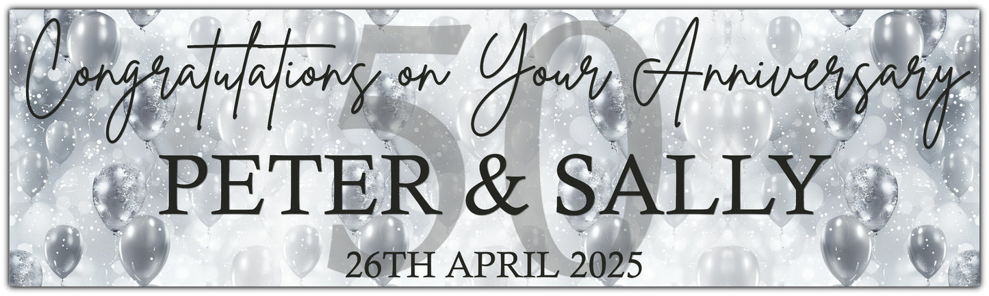Anniversary Banner with Silver Balloons. Personalised with Names, number of years and date