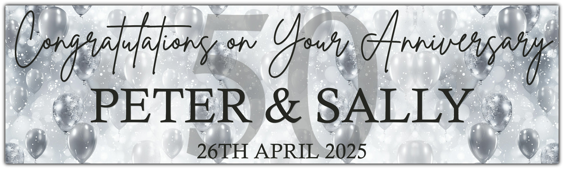 Anniversary Banner with Silver Balloons. Personalised with Names, number of years and date