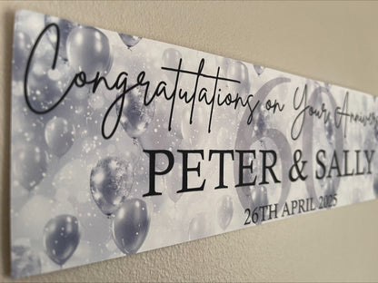 Anniversary Banner with Silver Balloons. Personalised with Names, number of years and date
