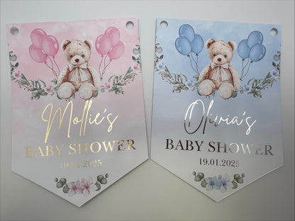 Baby Shower Pink or Blue Teddy on a swing Bunting, Personalised with name, baby shower and date in metallic gold or silver Foil. Made with 300gsm Single sided Gloss Card