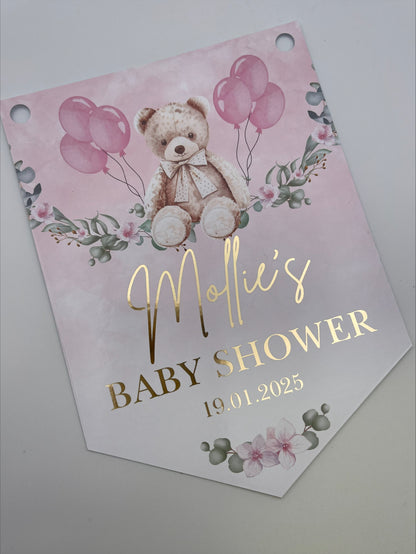 Baby Shower Pink Teddy on a swing Bunting, Personalised with name, baby shower and date in metallic gold Foil. Made with 300gsm Single sided Gloss Card