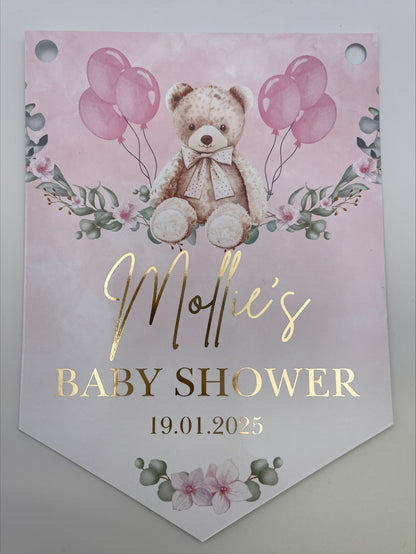 Baby Shower Pink Teddy on a swing Bunting, Personalised with name, baby shower and date in metallic gold Foil. Made with 300gsm Single sided Gloss Card