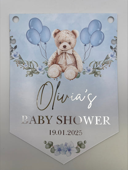 Baby Shower Blue Teddy on a swing Bunting, Personalised with name, baby shower and date in metallic silver Foil. Made with 300gsm Single sided Gloss Card