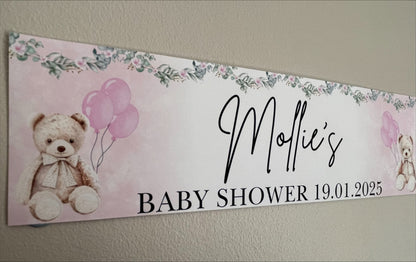 Teddy Bear and Flowers Baby Shower Banner in Pink personalised with name and date