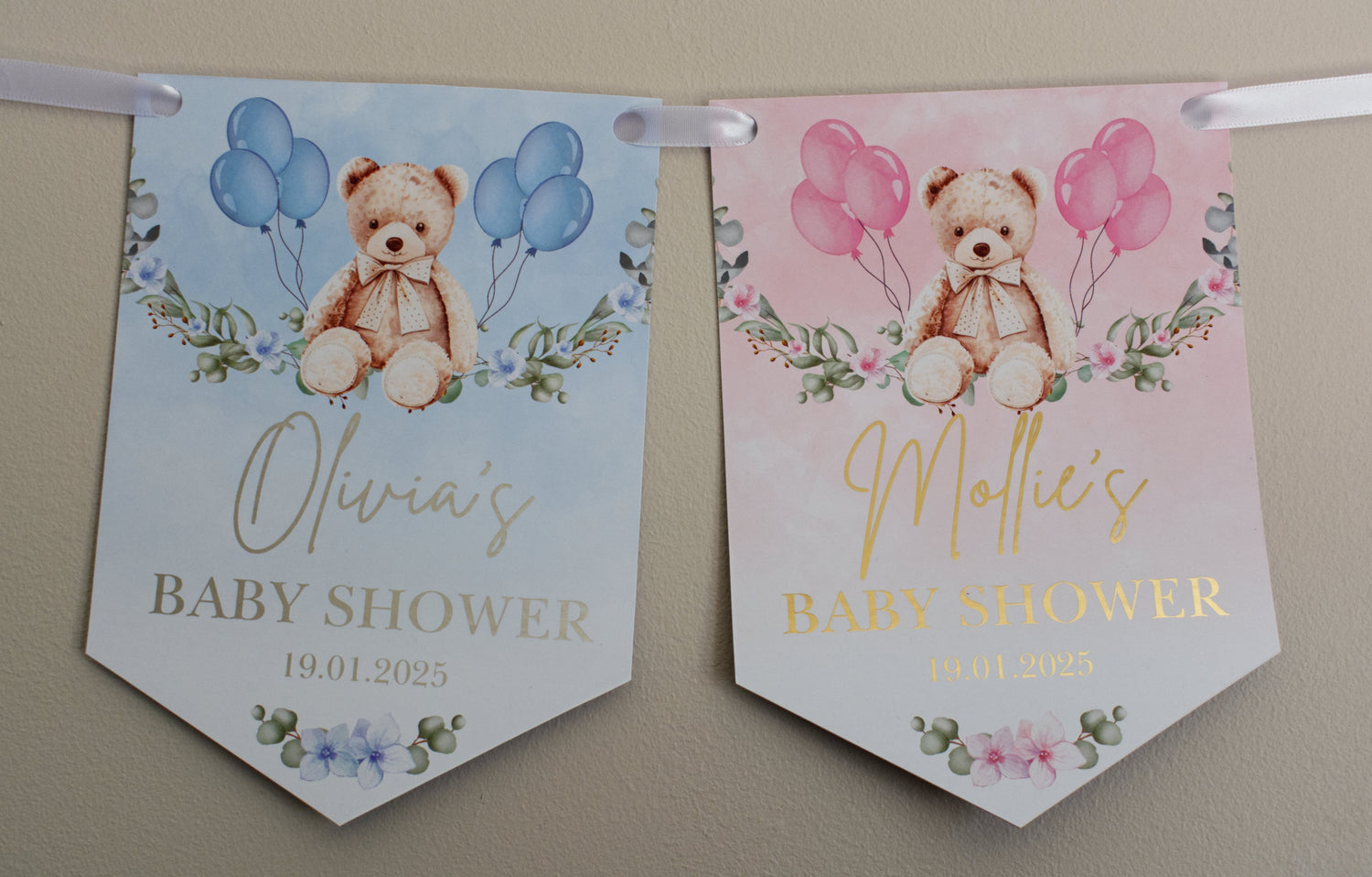 Baby Shower Pink or Blue Teddy on a swing Bunting, Personalised with name, baby shower and date in metallic gold or silver Foil. Made with 300gsm Single sided Gloss Card