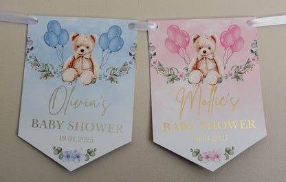 Baby Shower Pink or Blue Teddy on a swing Bunting, Personalised with name, baby shower and date in metallic gold or silver Foil. Made with 300gsm Single sided Gloss Card