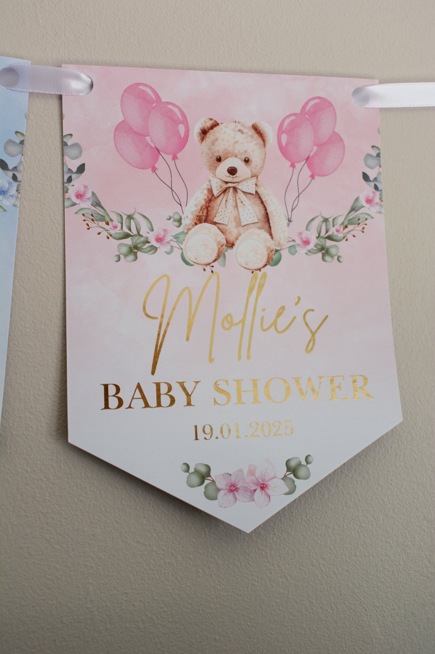 Baby Shower Pink Teddy on a swing Bunting, Personalised with name, baby shower and date in metallic gold Foil. Made with 300gsm Single sided Gloss Card