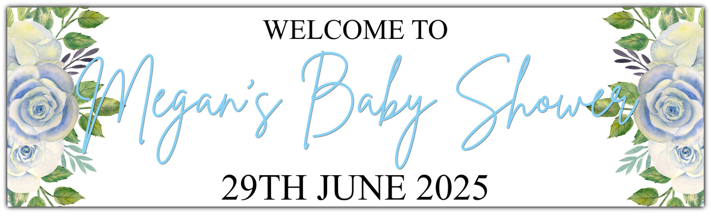 Baby Shower banner with blue flowers personalised with name and date
