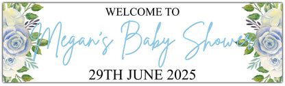 Baby Shower banner with blue flowers personalised with name and date