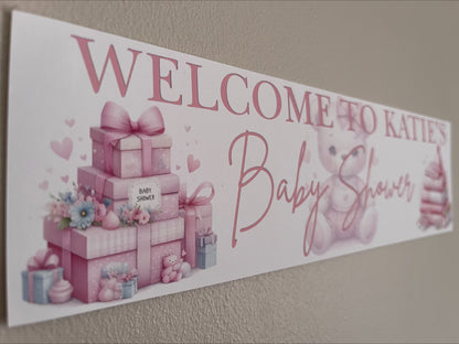 Baby Shower Banner with pink teddy bear personalised with name