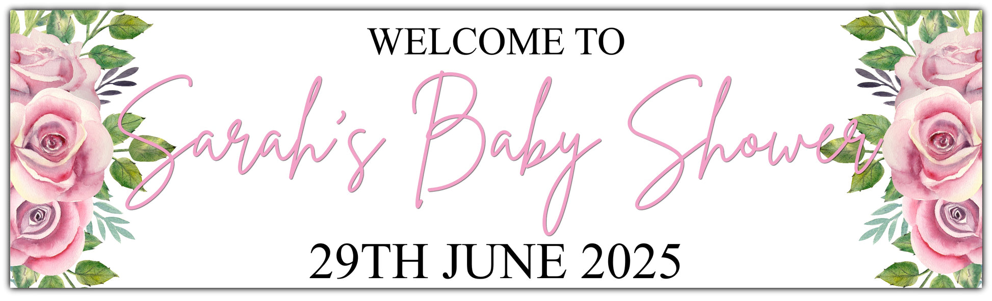 Baby Shower banner with pink flowers personalised with name and date