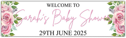 Baby Shower banner with pink flowers personalised with name and date