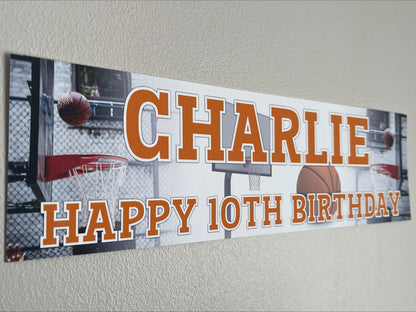 Basketball birthday banner personalised with name and age