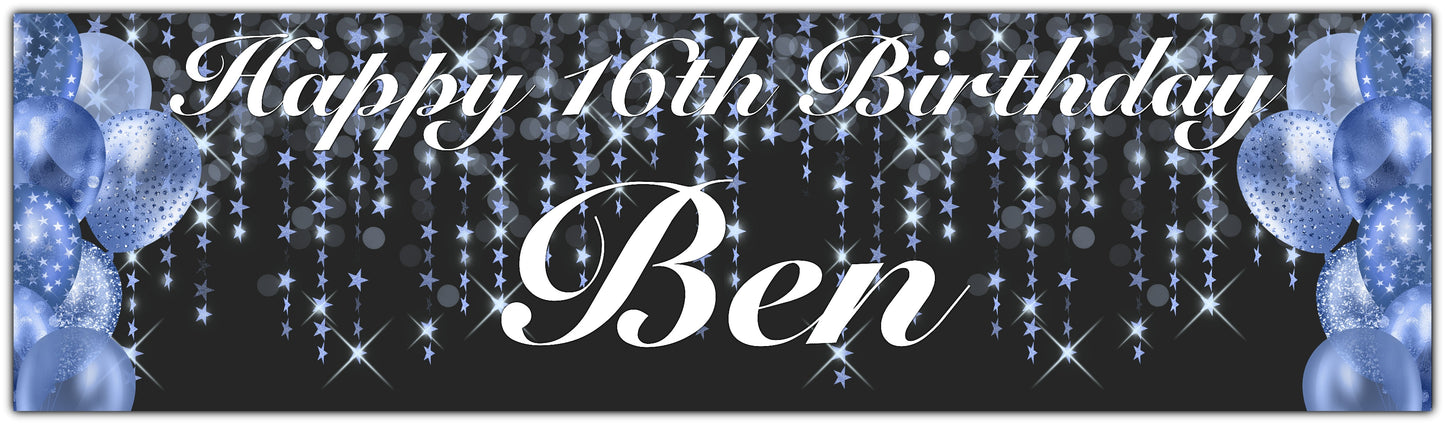 Stars and Balloons Birthday Banner Personalised with name and age in Blue