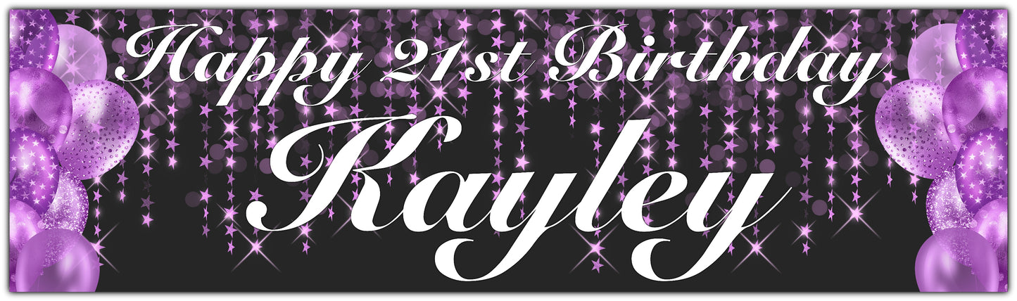 Stars and Balloons Birthday Banner Personalised with name and age in Purple
