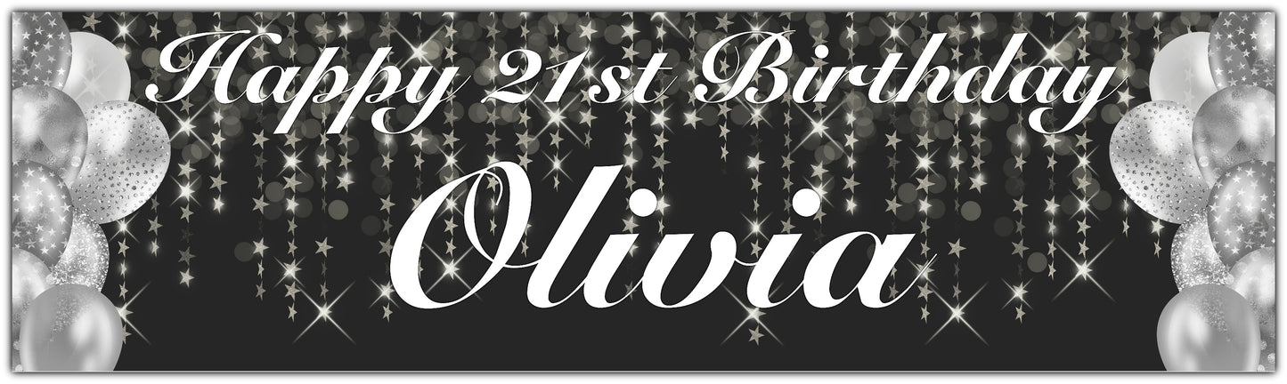 Stars and Balloons Birthday Banner Personalised with name and age in silver