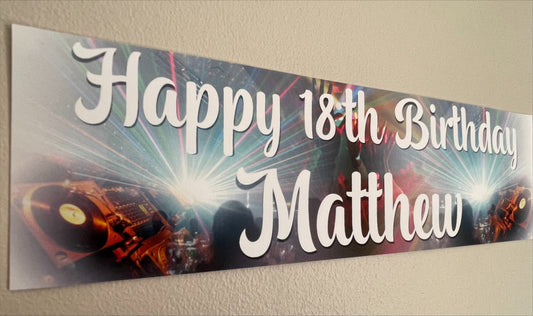 DJ Club Theme  Birthday Banner Personalised with happy age birthday and name