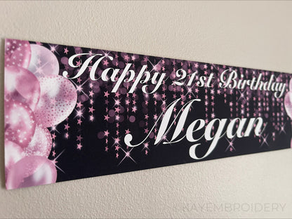 Birthday Banner with Pink Balloons and stars theme on a black background personalised with happy age birthday and name