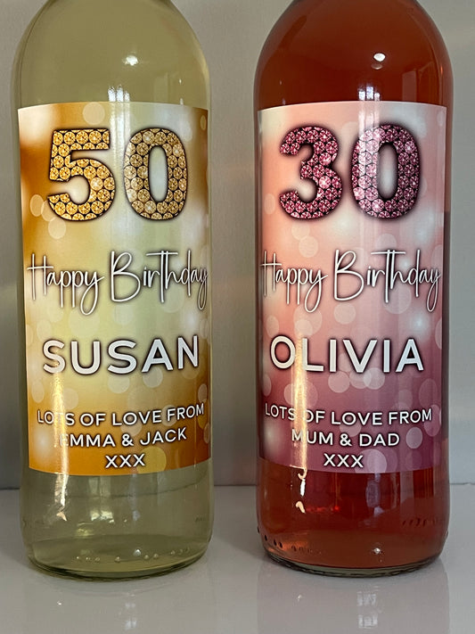 Personalised Birthday Age Wine Bottle label, any age different colours available