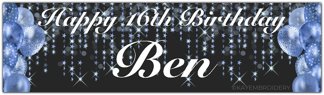Birthday Banner with blue Balloons and stars theme on a black background personalised with happy age birthday and name