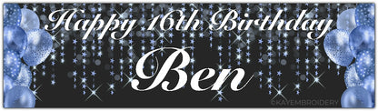 Birthday Banner with blue Balloons and stars theme on a black background personalised with happy age birthday and name