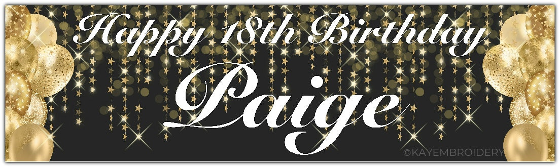 Birthday Banner with gold Balloons and stars theme on a black background personalised with happy age birthday and name