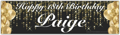 Birthday Banner with gold Balloons and stars theme on a black background personalised with happy age birthday and name