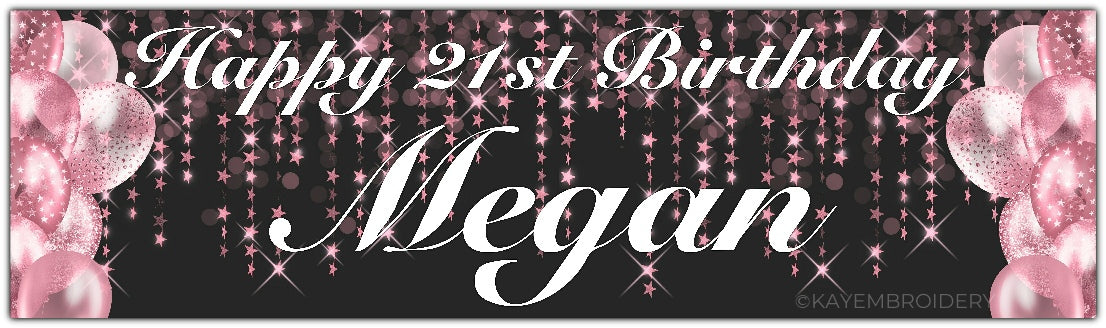Birthday Banner with Pink Balloons and stars theme on a black background personalised with happy age birthday and name