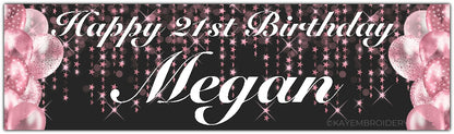 Birthday Banner with Pink Balloons and stars theme on a black background personalised with happy age birthday and name