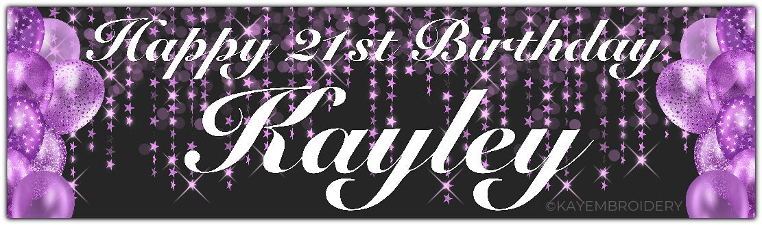 Birthday Banner with Purple Balloons and stars theme on a black background personalised with happy age birthday and name
