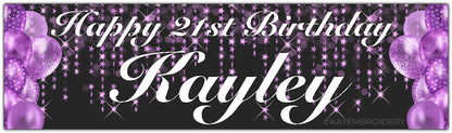 Birthday Banner with Purple Balloons and stars theme on a black background personalised with happy age birthday and name
