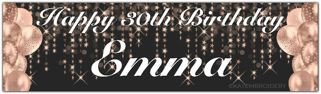 Birthday Banner with rose gold Balloons and stars theme on a black background personalised with happy age birthday and name
