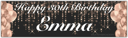Birthday Banner with rose gold Balloons and stars theme on a black background personalised with happy age birthday and name