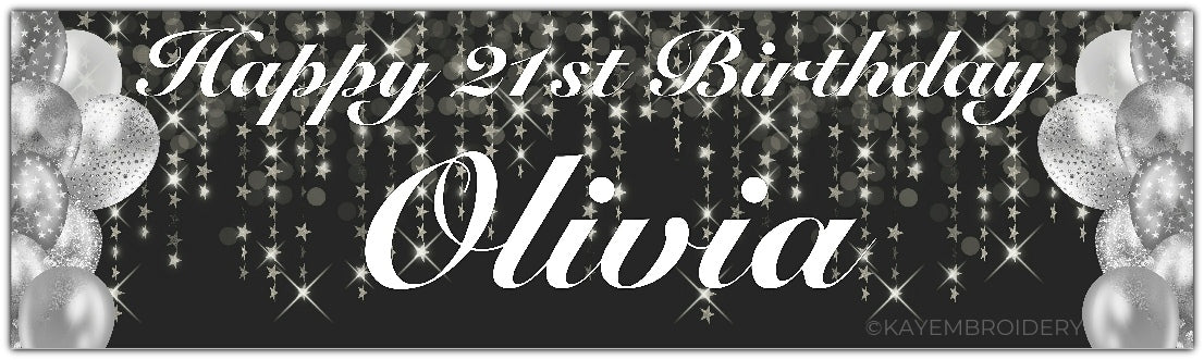 Birthday Banner with silver Balloons and stars theme on a black background personalised with happy age birthday and name