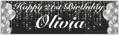 Birthday Banner with silver Balloons and stars theme on a black background personalised with happy age birthday and name