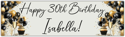 Birthday Banner back and gold balloons personalised with name and age