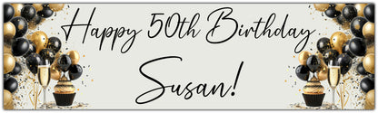 Birthday Banner back and gold balloons personalised with name and age