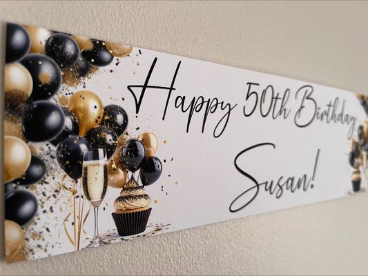 Birthday Banner back and gold balloons personalised with name and age