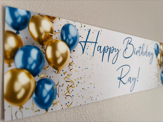 Birthday banner with gold and blue balloons personalised with name and age