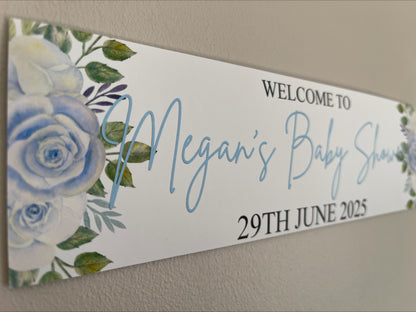 Baby Shower banner with blue flowers personalised with name and date
