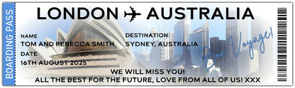 Travel emigration leaving banner in the style of a boarding pass plane ticket with destination, name and date and personalised message of choice