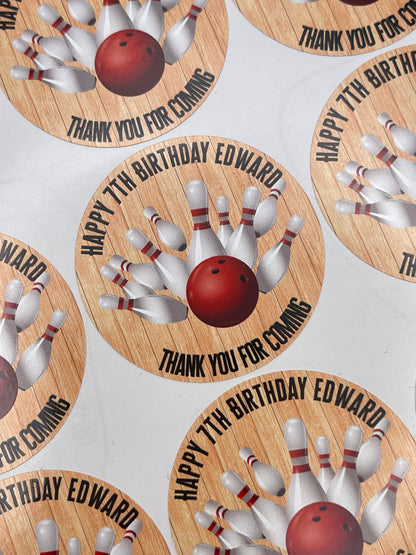 Bowling Party Birthday Personalised Round stickers for party/gift bags