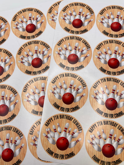 Bowling Party Birthday Personalised Round stickers for party/gift bags