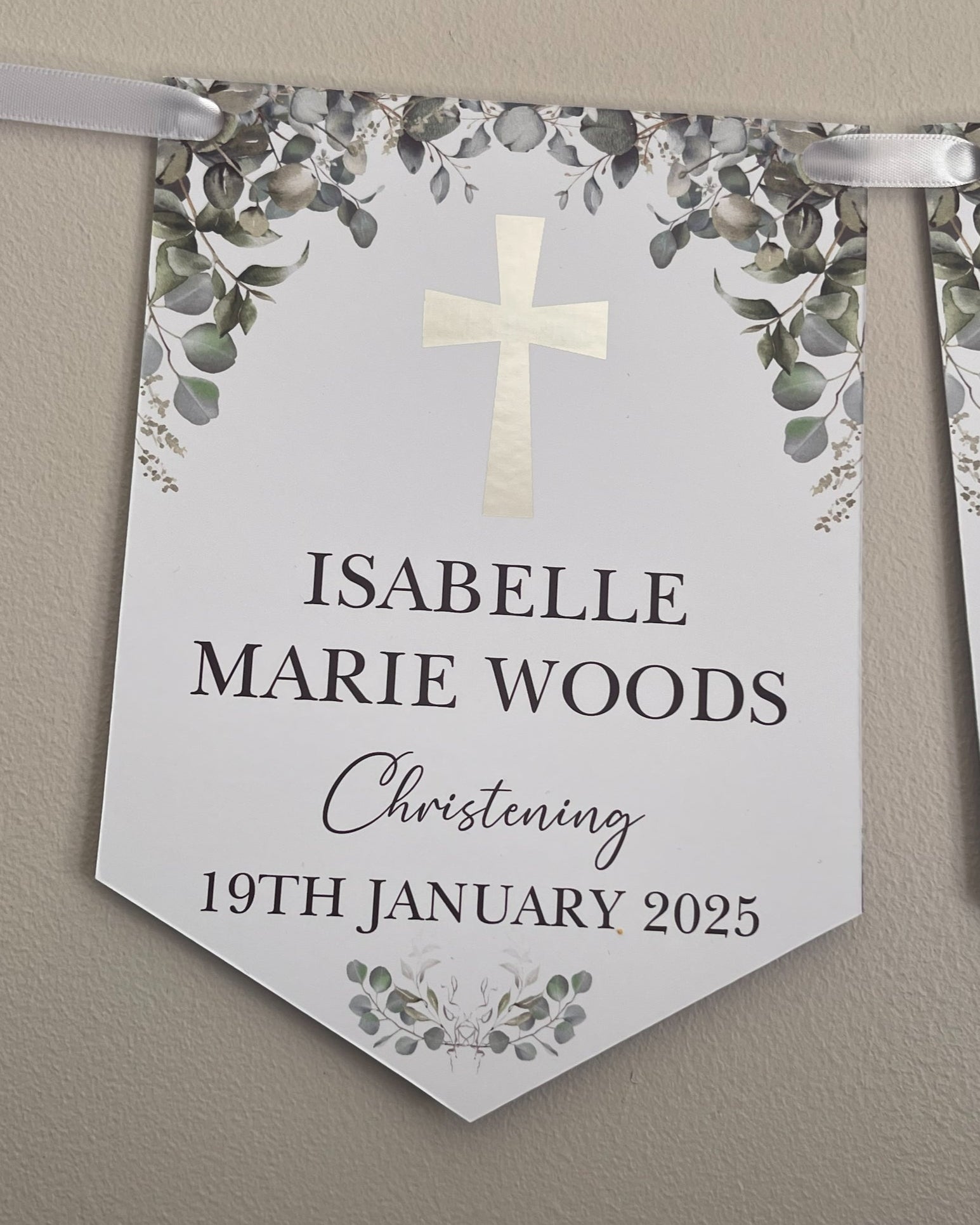 Christening Baptism Bunting with Silver Foiled Cross personalised with Name and Date. Made from 300gsm single sided gloss card