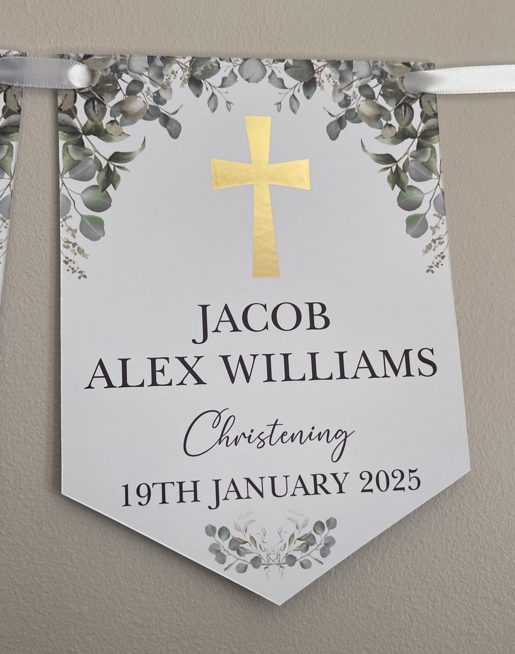 Christening Baptism Bunting with Gold Foiled Cross personalised with Name and Date. Made from 300gsm single sided gloss card