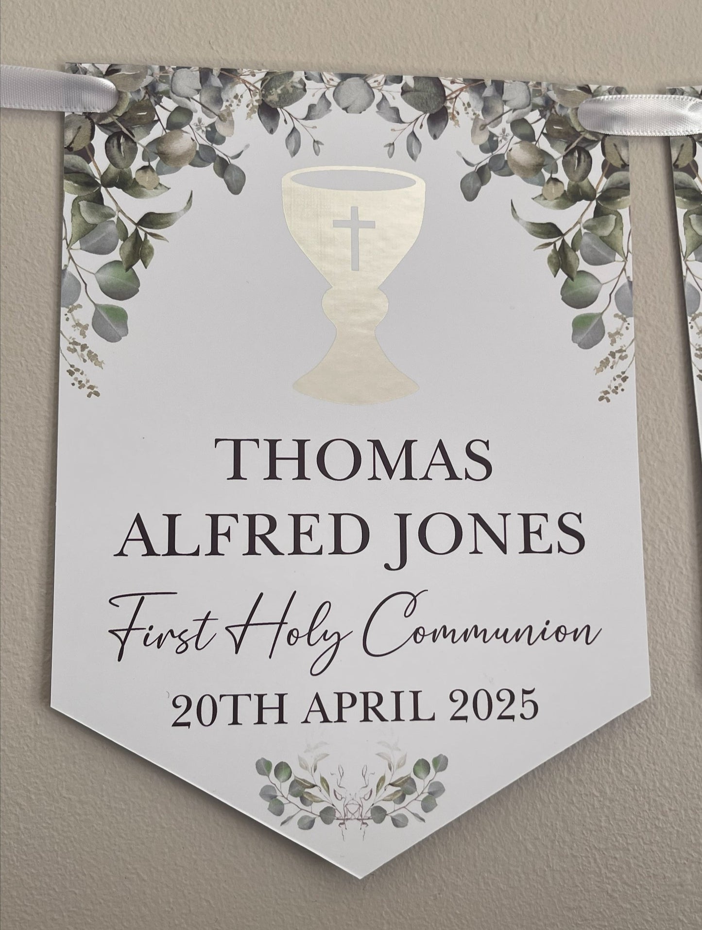 1st Holy Communion Bunting with Silver Foiled Chalice personalised with Name, First Holy Communion and Date. Made from 300gsm single sided gloss card