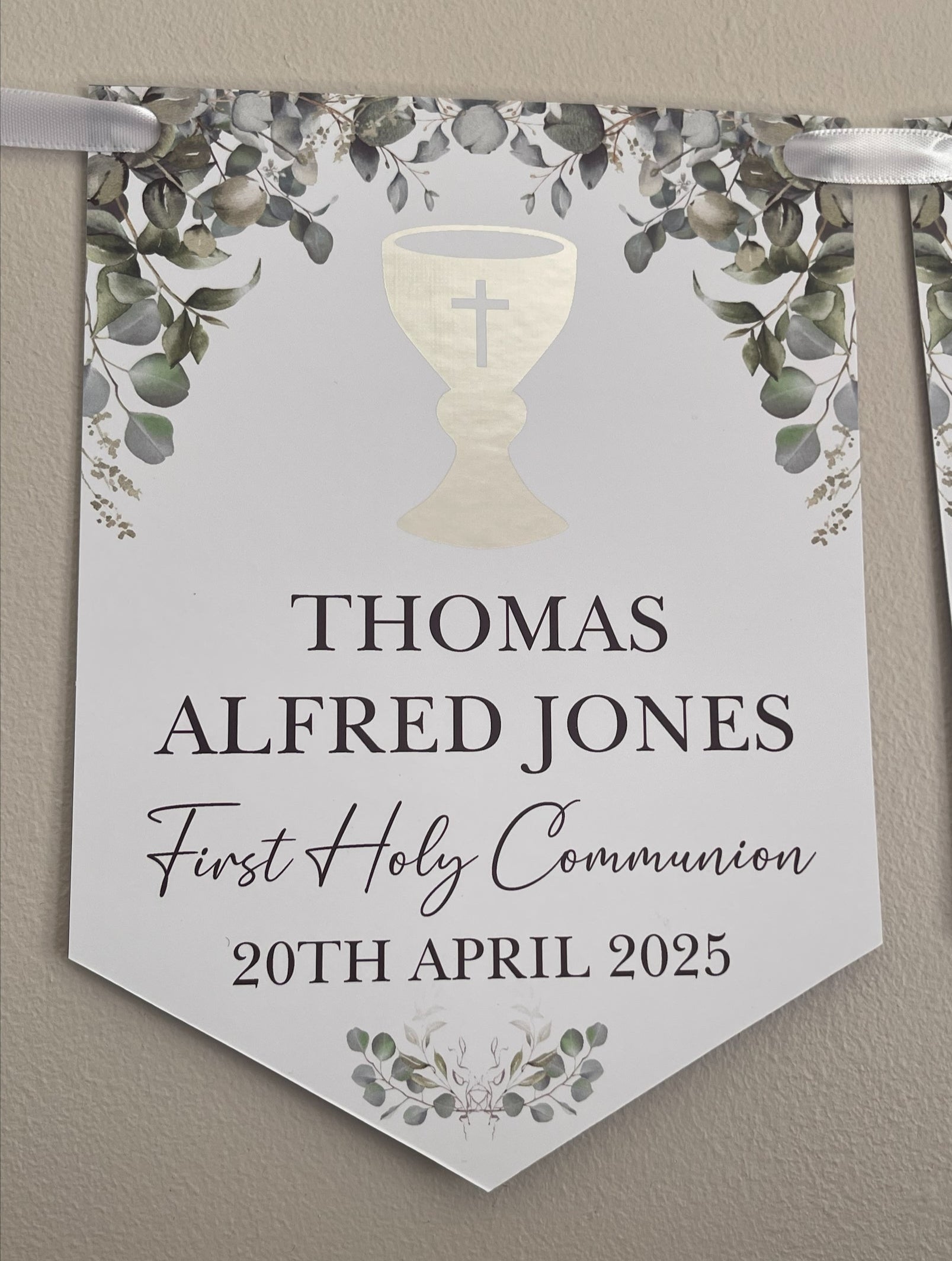 1st Holy Communion Bunting with Silver Foiled Chalice personalised with Name, First Holy Communion and Date. Made from 300gsm single sided gloss card