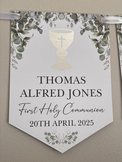 1st Holy Communion Bunting with Silver Foiled Chalice personalised with Name, First Holy Communion and Date. Made from 300gsm single sided gloss card